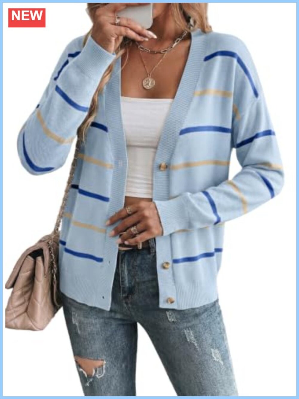 Womens Striped Cropped Cardigan V Neck Button Down Long Sleeve Knit Sweater